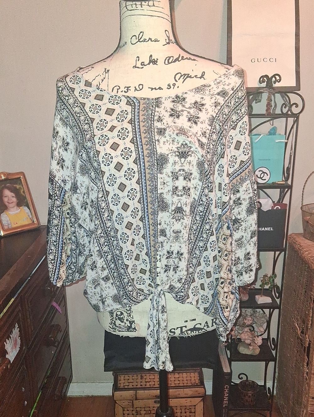 Promesa Cream and Black Boho Tie-Front Blouse Medium
